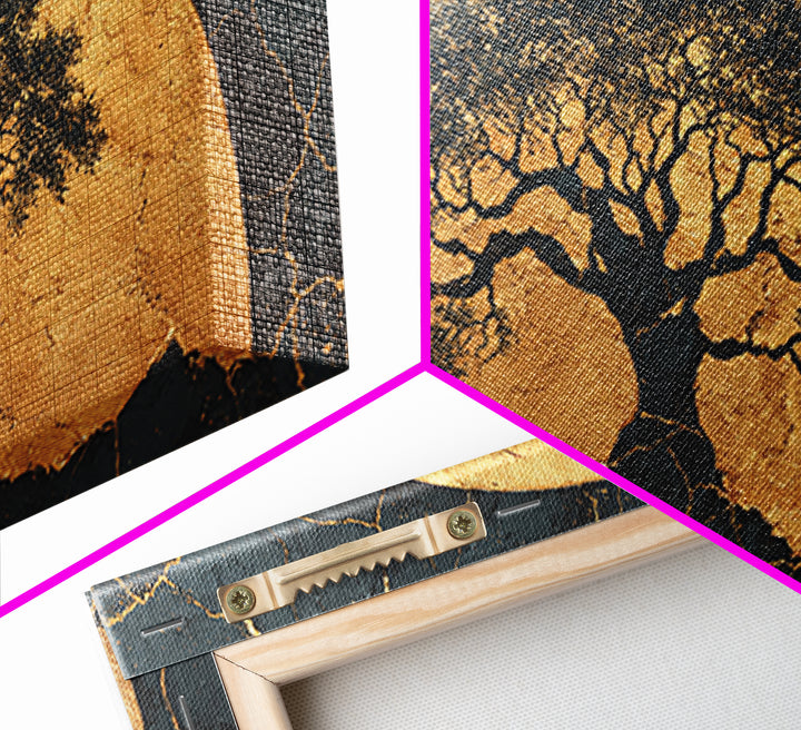 Golden Horizon Tree Gold Canvas Print, Majestic Nature Symbol Artwork, Real Wood Frame Wall Décor, Sacred Celestial Inspired Art