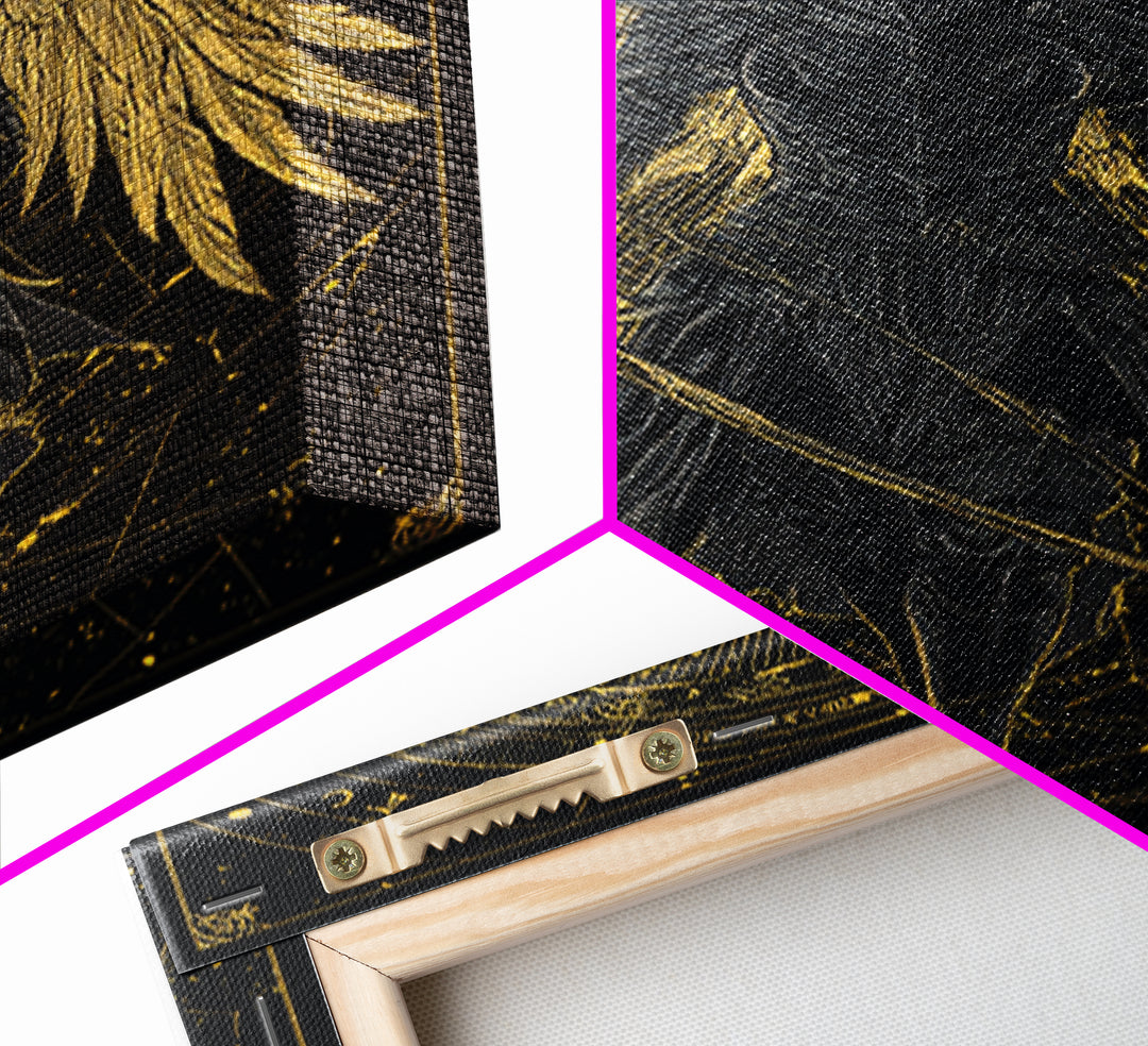 Armored Angel Gold Canvas Art, Celestial Guardian With Bow Canvas Print, Real Wood Frame Wall Décor, Mythology Warrior Artwork