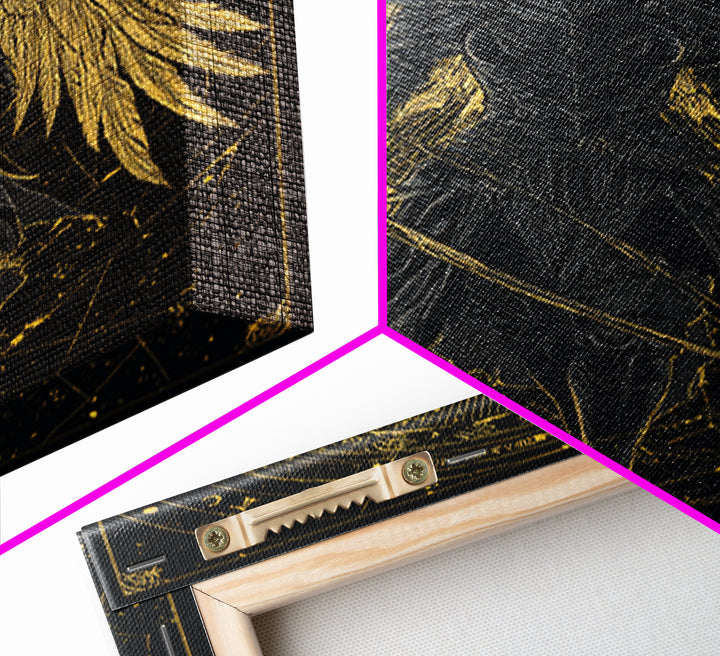 Armored Angel Gold Canvas Art, Celestial Guardian With Bow Canvas Print, Real Wood Frame Wall Décor, Mythology Warrior Artwork