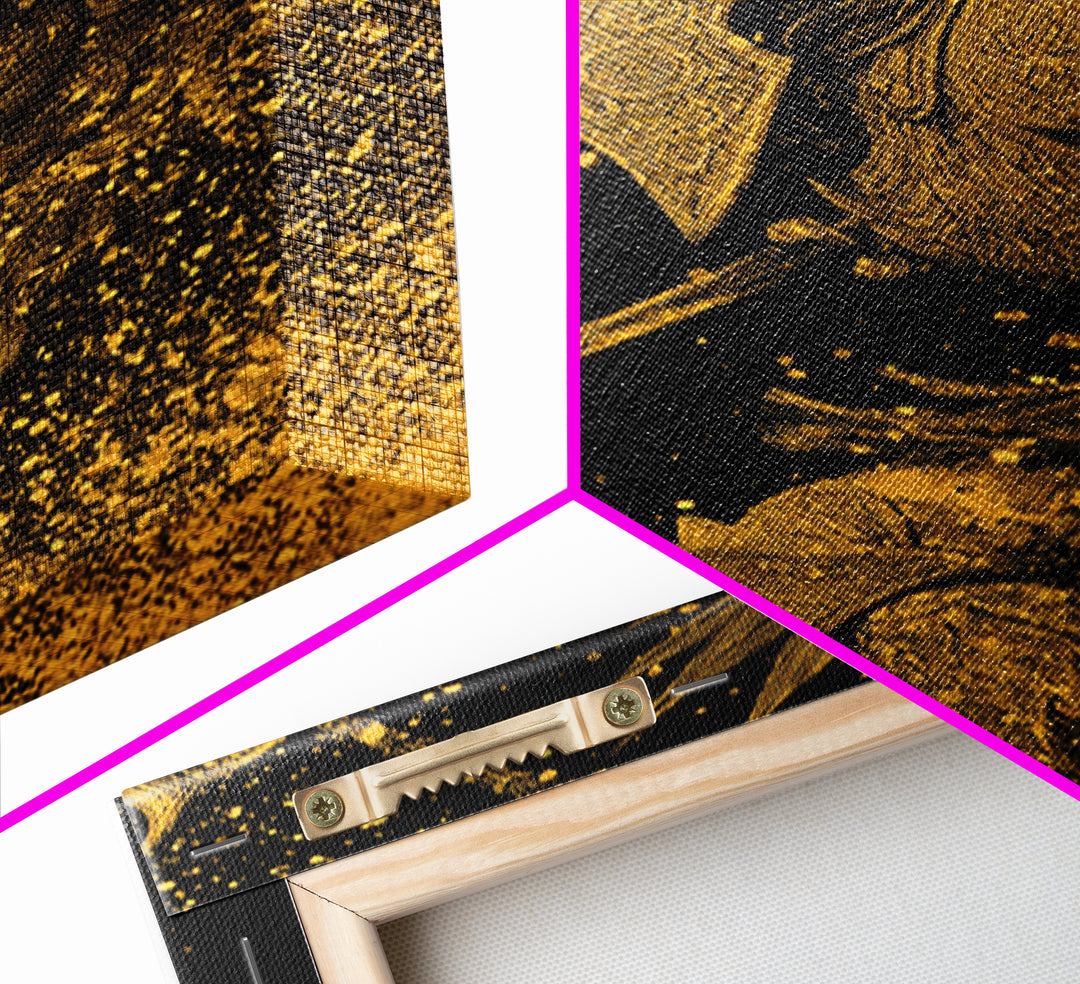 Epic Spartan Gold Canvas Art, Ancient Battle Warrior Canvas Print, Real Wood Frame Wall Décor, Heroic Mythology Statement Artwork