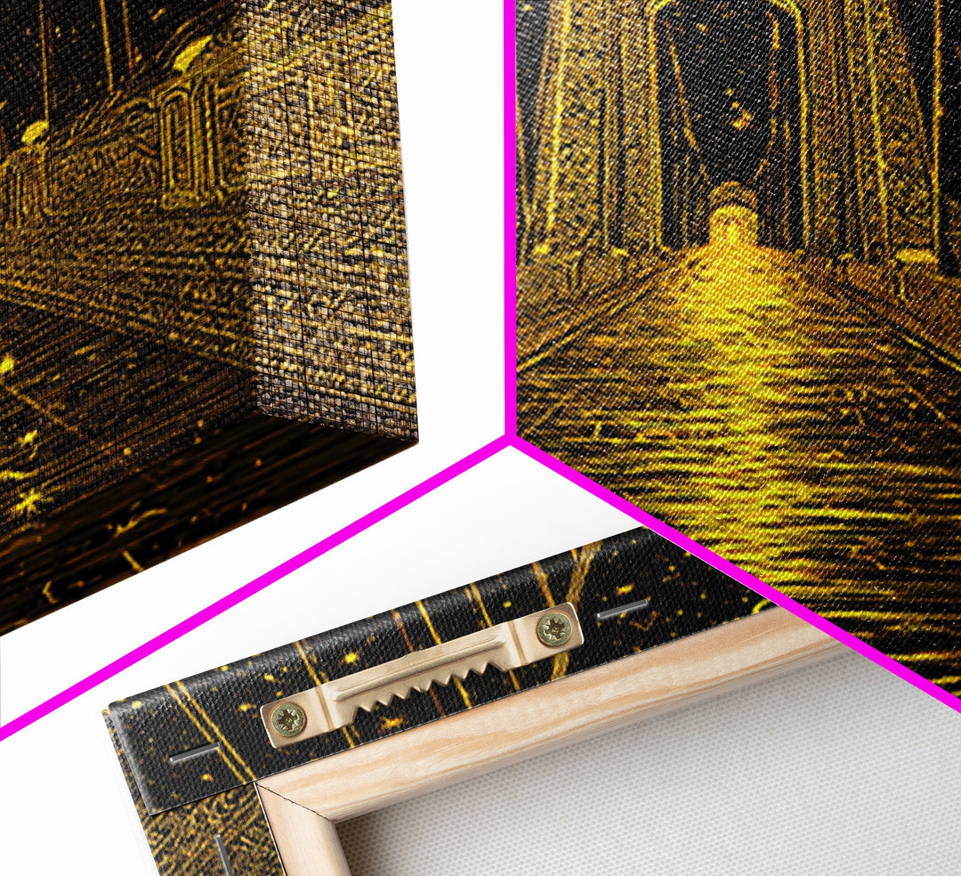 Celestial Bridge Gold Canvas Print, Fantasy Gateway Art On Canvas, Real Wood Frame Wall Décor, Mystical Night Sky Artwork