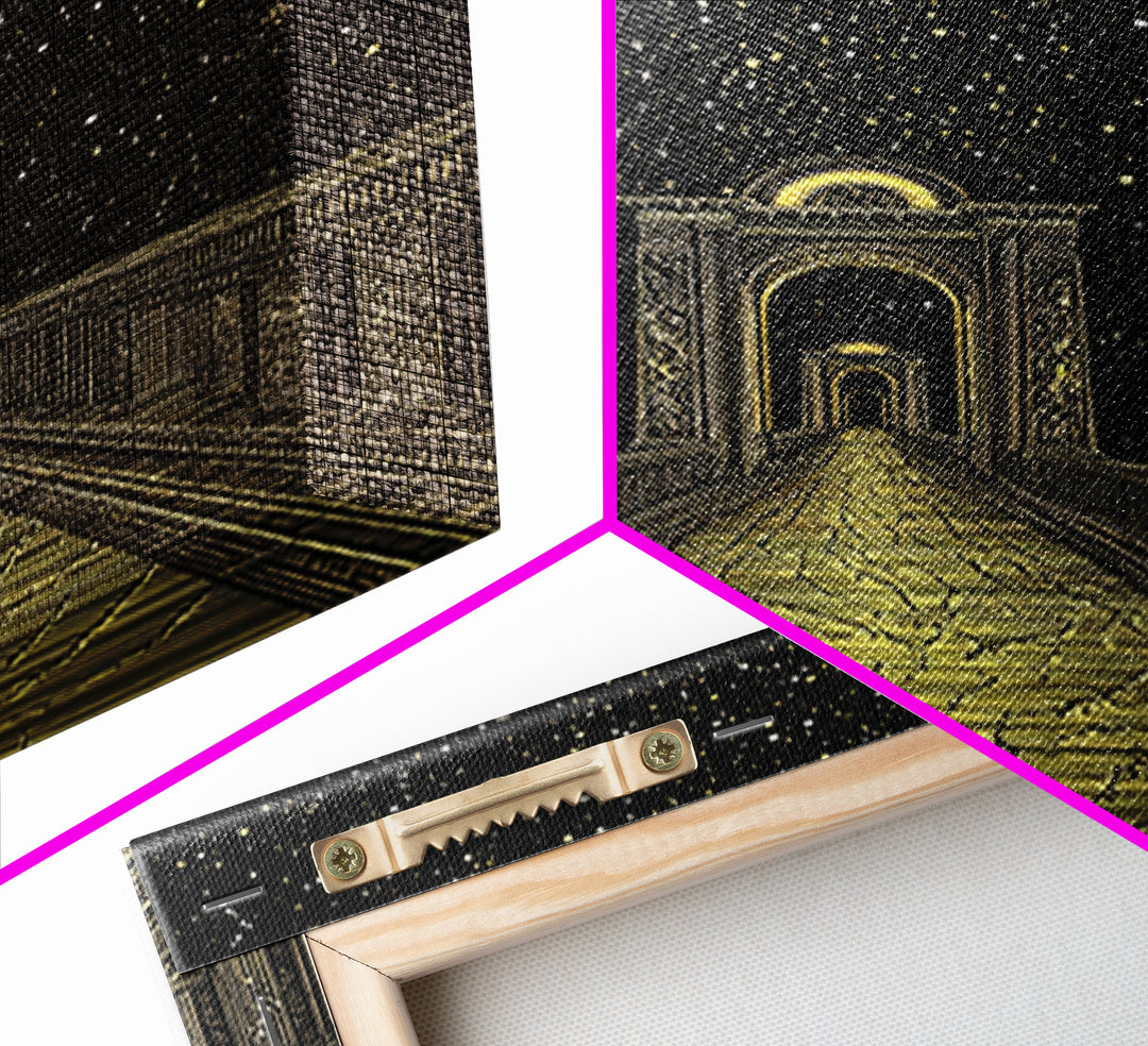 Starlit Path Gold Canvas Art, Fantasy Bridgeway Canvas Print, Real Wood Frame Wall Décor, Celestial Mythology Dream Artwork