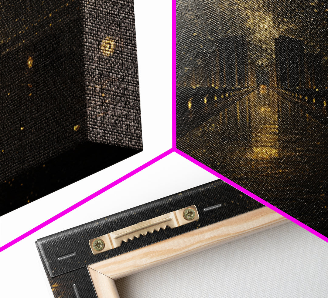 Cosmic Gateway Gold Canvas Print, Mystical Fantasy Bridge Art On Canvas, Real Wood Frame Décor, Starry Sky Celestial Artwork