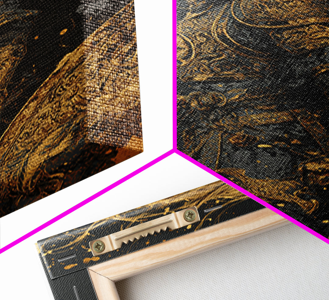 Golden Armored Knight Gold Canvas Art, Female Warrior With Sword And Shield Canvas Print, Real Wood Frame Wall Décor, Mythic Battle Art