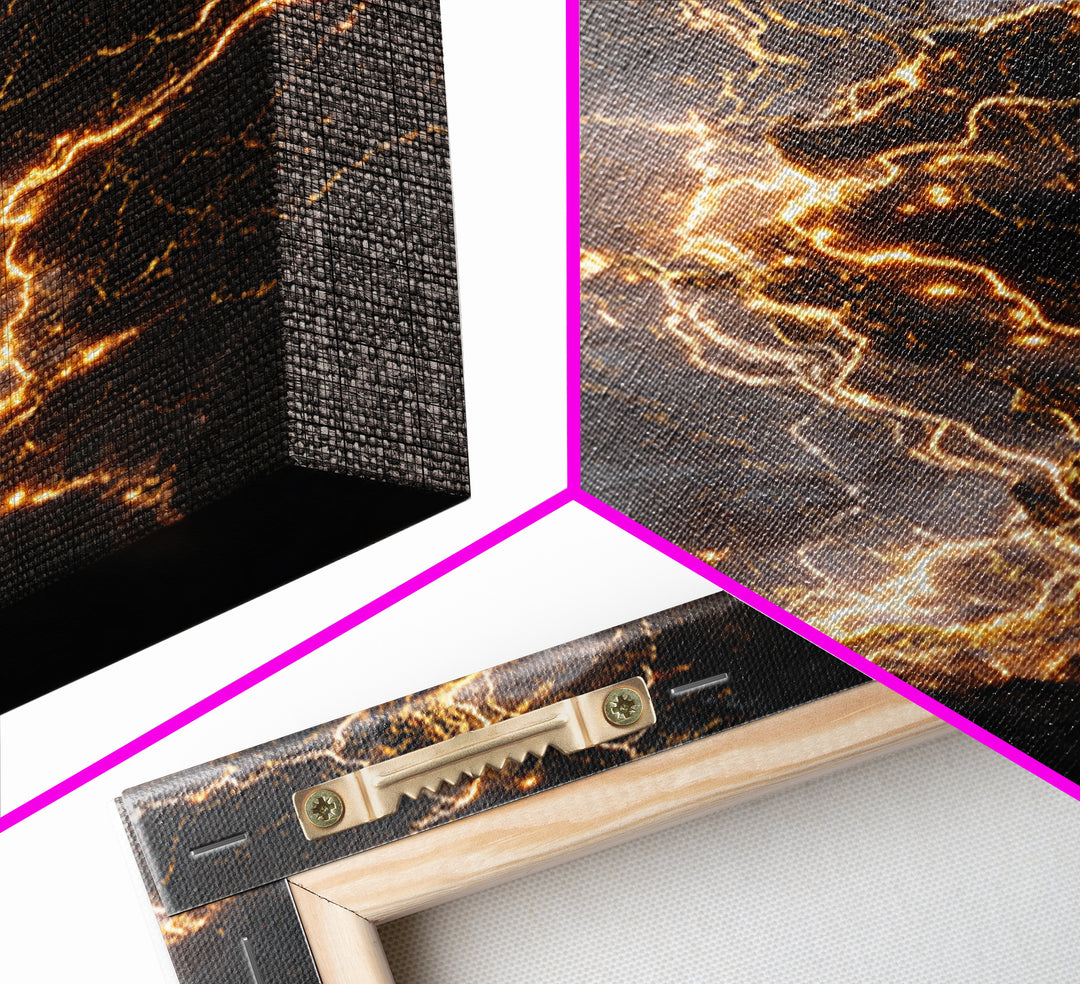 Celestial Lightning Storm Gold Canvas Art, Abstract Thunder Energy Canvas Print, Real Wood Frame Wall Décor, Dramatic Cosmic Power Artwork
