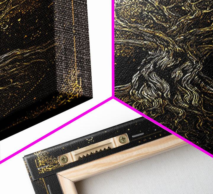 Ancient Cosmic Tree Gold Canvas Print, Norse Mythology Inspired Yggdrasil Artwork, Real Wood Frame Wall Décor, Mystical Fantasy Art