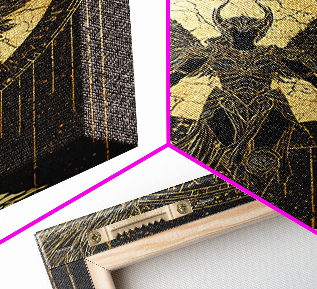 Celestial Angel Gold Canvas Art, Majestic Winged Warrior Canvas Print, Real Wood Frame Wall Décor, Divine Fantasy Statement Artwork