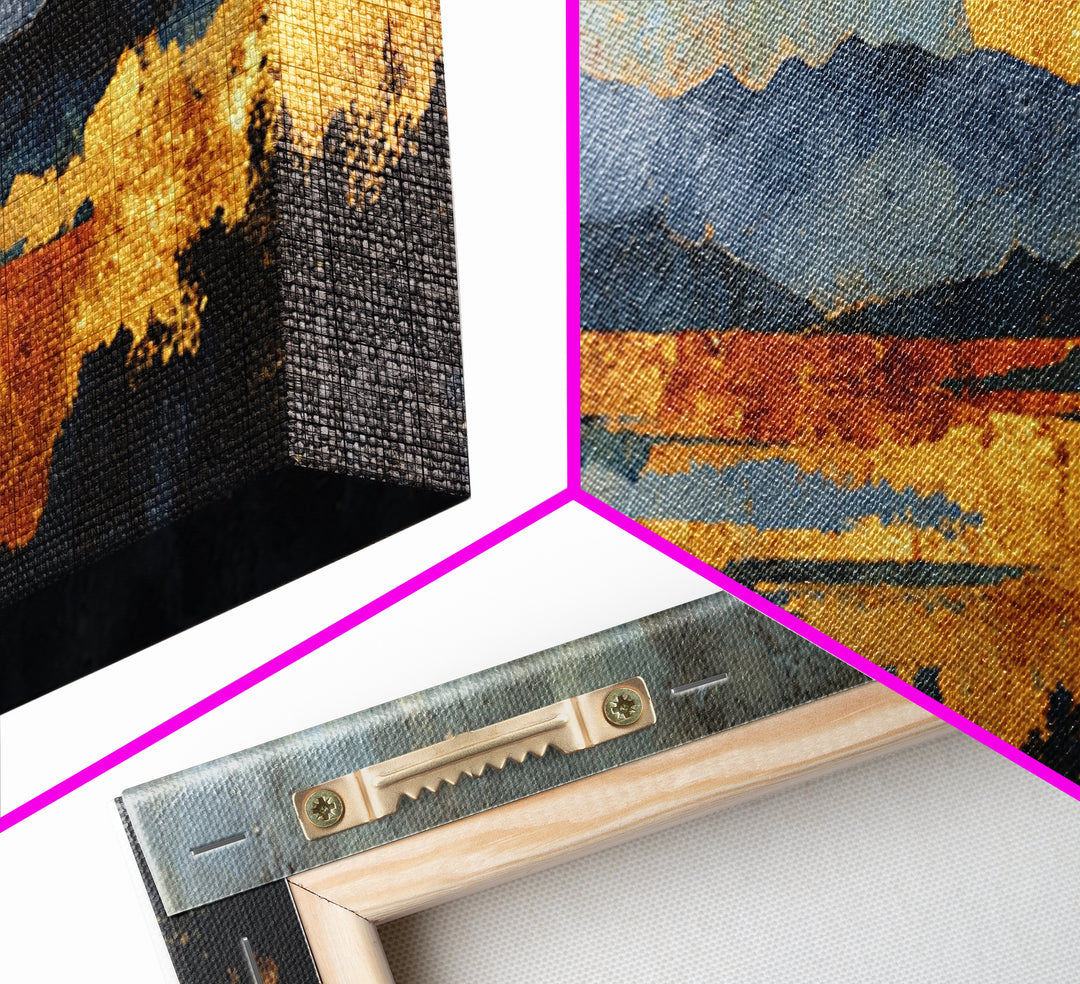 Sunset Over Mountains Gold Canvas Print, Abstract Mountain Landscape Wall Art, Modern Nature Artwork With Real Wood Frame