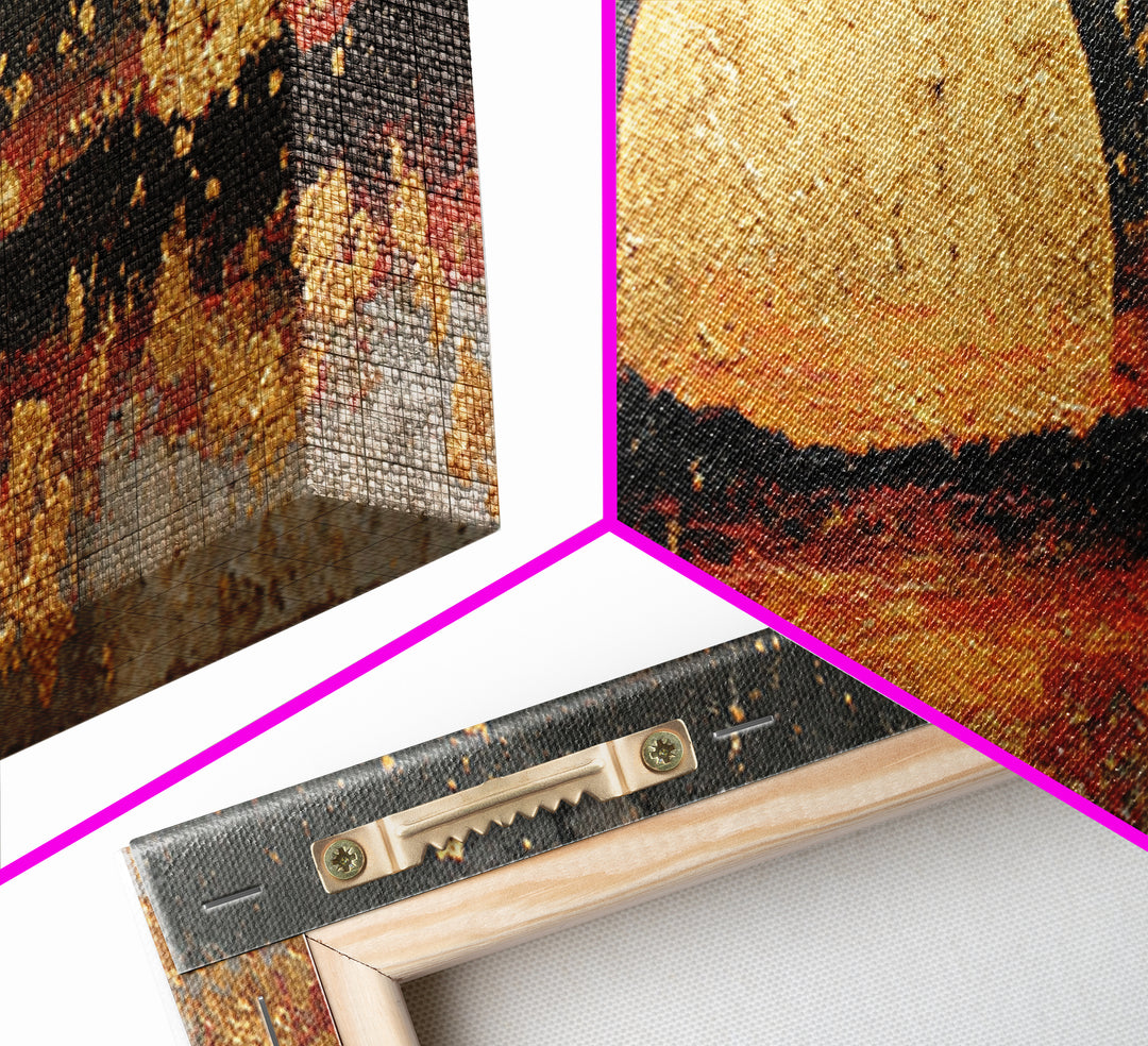 Golden Horizon Gold Canvas Print, Textured Sunset Wall Art, Abstract Sun Over Water Artwork With Real Wood Frame