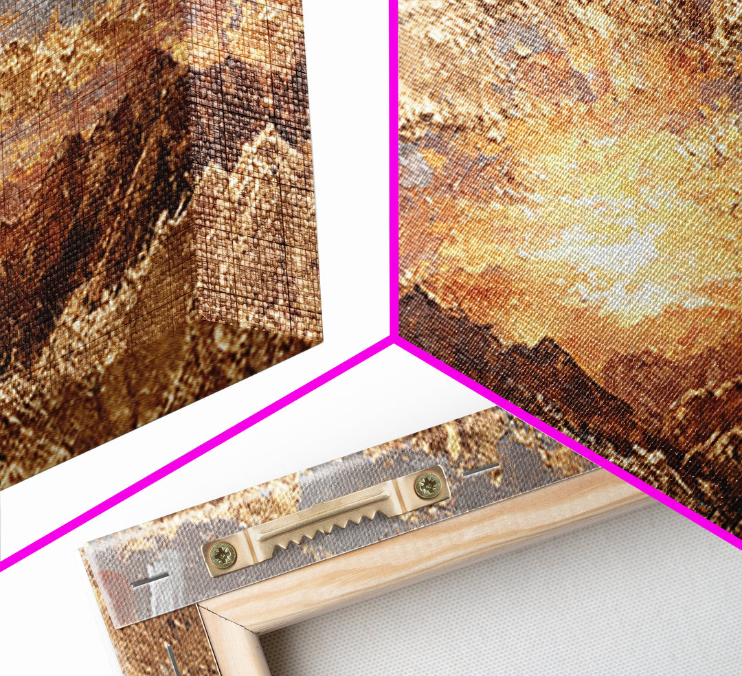 Sunlit Peaks Gold Canvas Print, Golden Mountain Sunrise Wall Art, Abstract Nature Landscape Artwork With Real Wood Frame