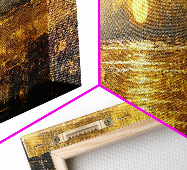 Radiant Reflection Gold Canvas Print, Golden Sun Over Water Wall Art, Shimmering Seascape Artwork With Real Wood Frame