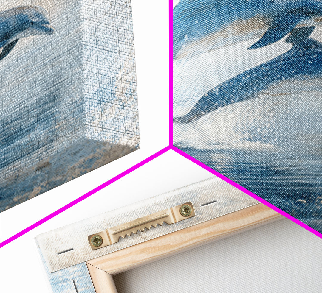 Dolphins Leaping Through Sunlit Waves Framed Canvas Print, Marine Life Art, Coastal Art, Living Room Decor, Fine Art, Marine, MLA-1x1-7