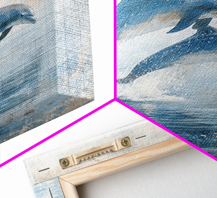 Dolphins Leaping Through Sunlit Waves Framed Canvas Print, Marine Life Art, Coastal Art, Living Room Decor, Fine Art, Marine, MLA-1x1-7