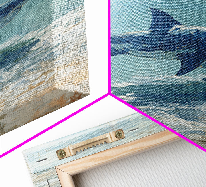 Shark Silhouette in Deep Blue Light Framed Canvas Print, Marine Life Art, Tropical Wall Art, Living Room Decor, Abstract Art, MLA-1x1-84