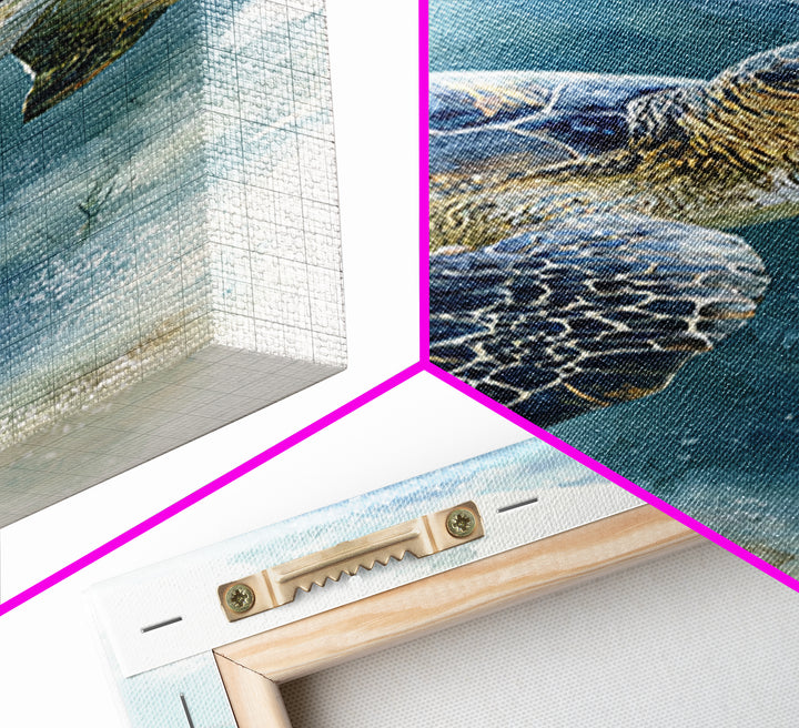 Sea Turtle Gliding Through Clear Blue Water Framed Canvas Print, Marine Life Art, Ocean Painting, Living Room Decor, Marine, MLA-1x3-61