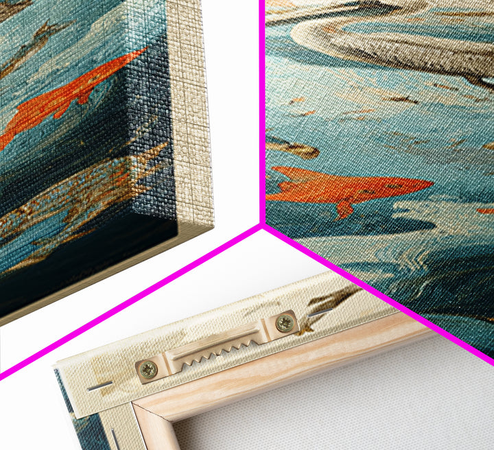 Pelican Diving Toward Fish Near Surface Framed Canvas Print, Marine Life Art, Textured Painting, Living Room Decor, Marine, MLA-1x3-83