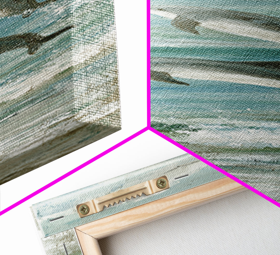 Dolphins Leaping Through Sunlit Waves Framed Canvas Print, Marine Life Art, Watercolor Art, Living Room Decor, Oil Painting, MLA-1x3-91