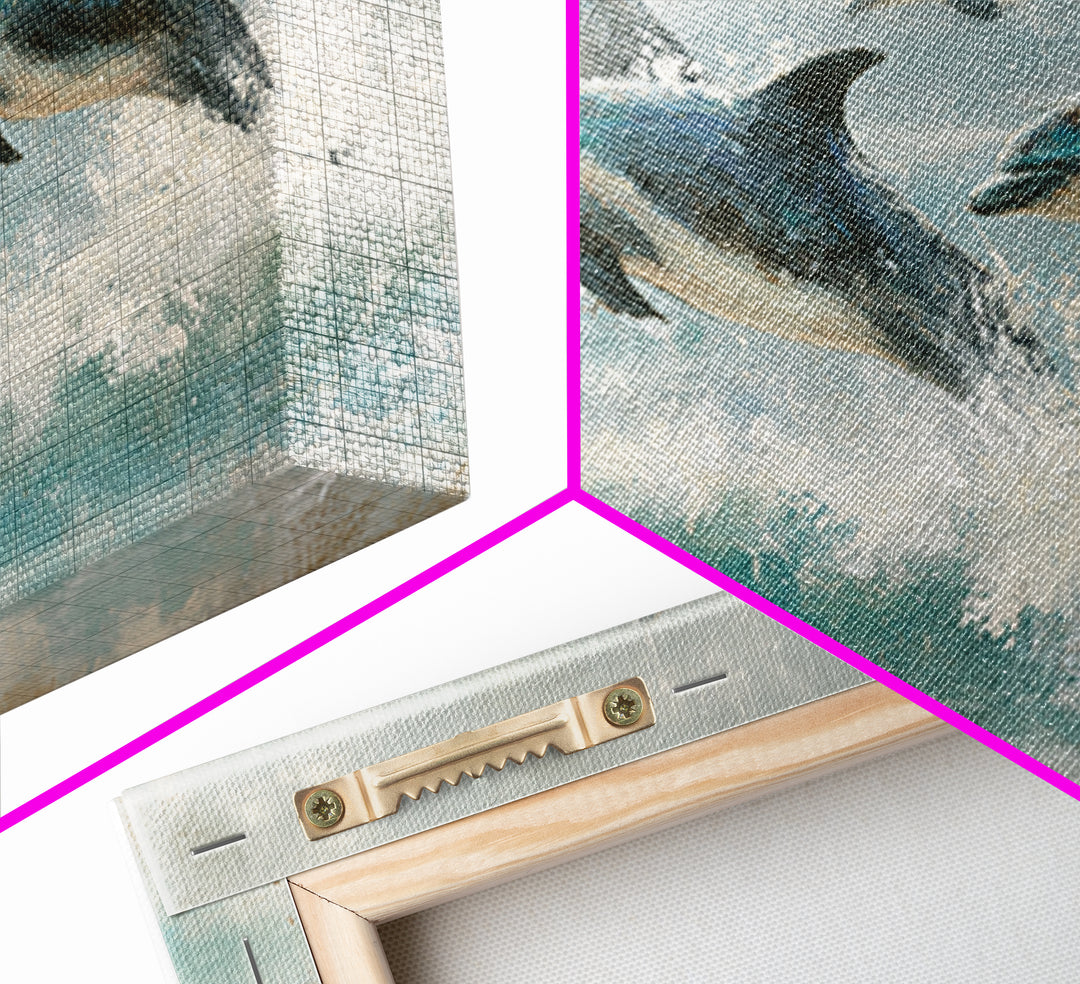 Dolphins Leaping Through Sunlit Waves Framed Canvas Print, Marine Life Art, Coastal Art, Living Room Decor, Fine Art, Marine, MLA-2x1-3