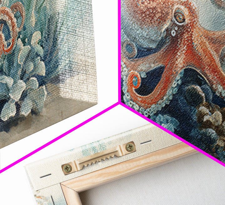 Octopus Curling Around Coral Canvas Print, Marine Life Art, Beach Decor, Living Room Decor, Oil Painting, Marine, Ocean Decor, MLA-2x1-47