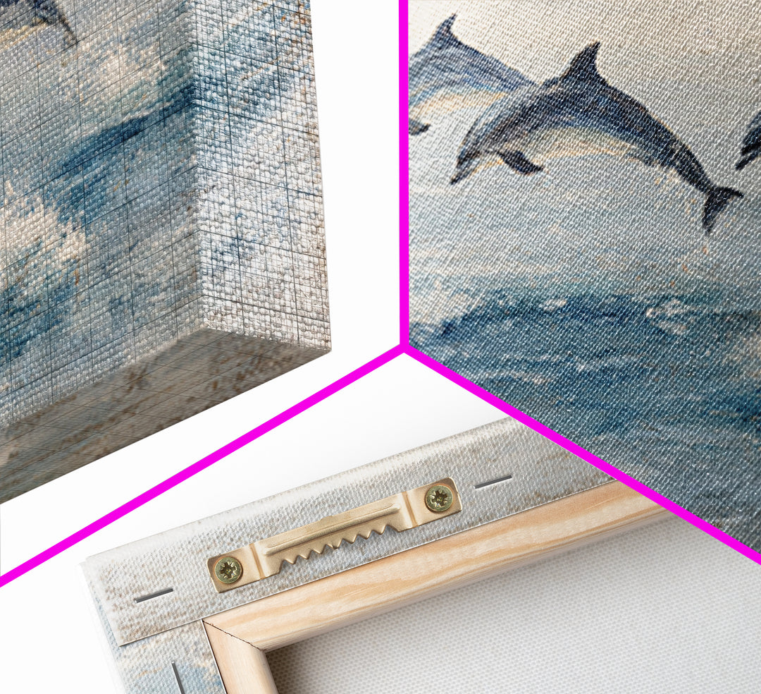Dolphins Leaping Through Sunlit Waves Framed Canvas Print, Marine Life Art, Coastal Art, Living Room Decor, Watercolor Art, MLA-2x1-51