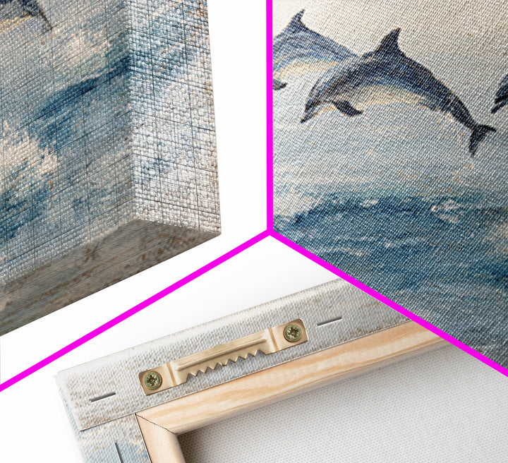 Dolphins Leaping Through Sunlit Waves Framed Canvas Print, Marine Life Art, Coastal Art, Living Room Decor, Watercolor Art, MLA-2x1-51