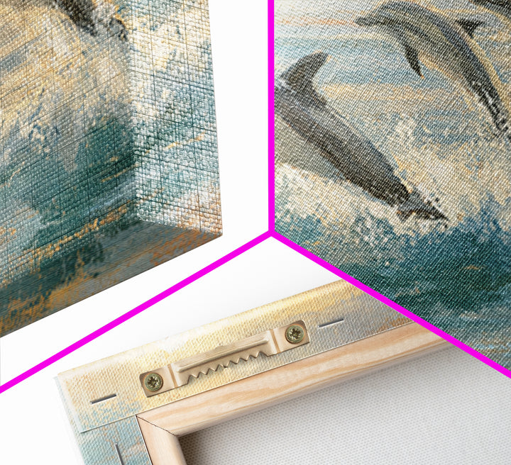 Dolphins Leaping Through Sunlit Waves Framed Canvas Print, Marine Life Art, Coastal Art, Living Room Decor, Fine Art, Marine, MLA-2x1-99