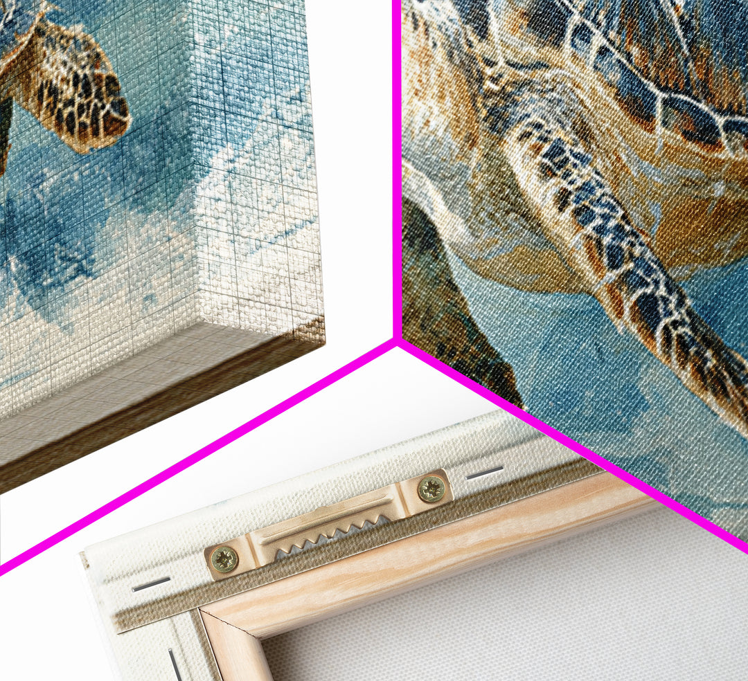 Sea Turtle Gliding Through Clear Blue Water Framed Canvas Print, Marine Life Art, Watercolor Art, Living Room Decor, Marine, MLA-3x1-17