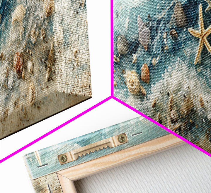 Starfish and Shells Natural Specimen Layout Framed Canvas Print, Marine Life Art, Coastal Art, Living Room Decor, Marine, MLA-3x1-53