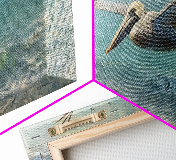 Pelican Diving Toward Fish Near Surface Framed Canvas Print, Marine Life Art, Contemporary Art, Living Room Decor, Marine, MLA-3x1-87