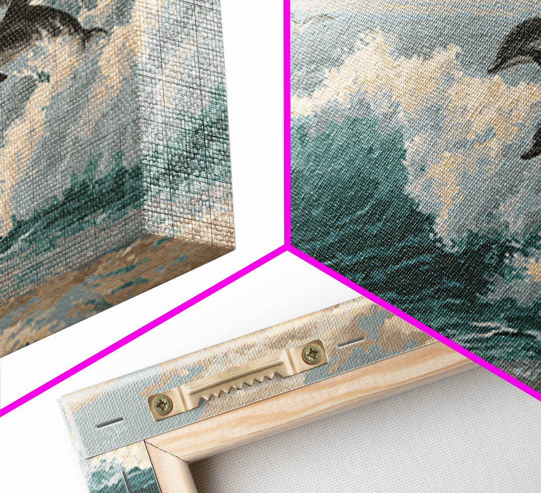 Dolphins Leaping Through Sunlit Waves Framed Canvas Print, Marine Life Art, Original Artwork, Living Room Decor, Oil Painting, MLA-3x2-59