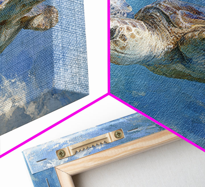 Sea Turtle Gliding Through Clear Blue Water Framed Canvas Print, Marine Life Art, Original Artwork, Living Room Decor, Marine, MLA-3x2-77