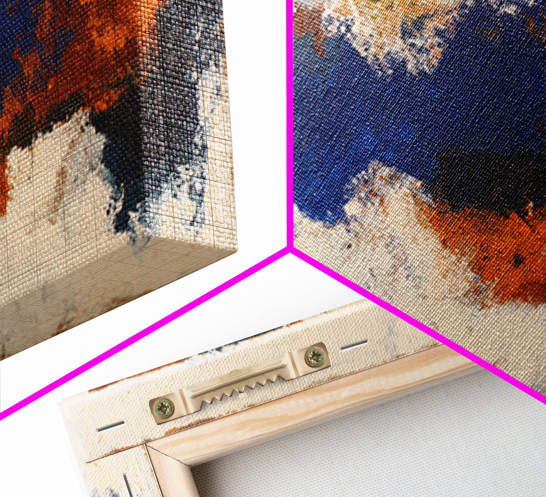 Expressive Brushwork in Cobalt and Rust Framed Canvas Print, Modern Art, Minimalist Decor, Living Room Decor, Fine Art, Modern, MOD-2x1-50