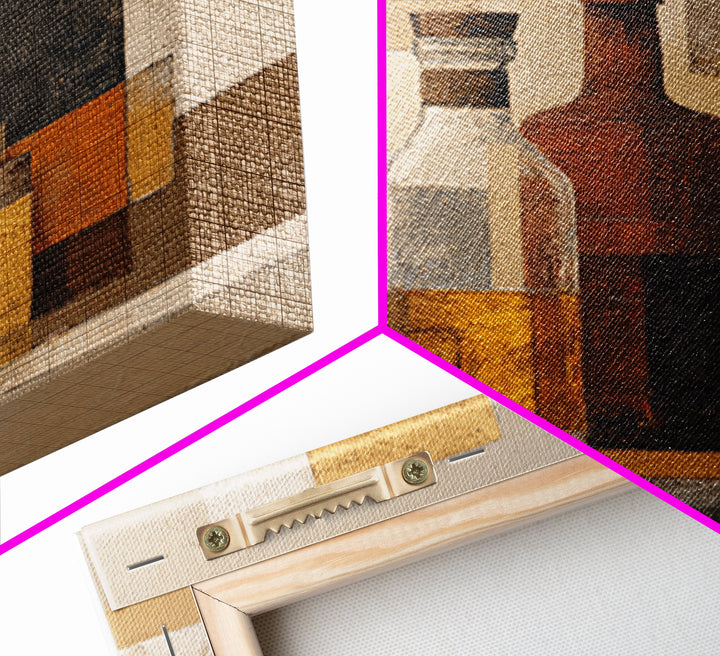 Brown Leather and Whiskey Still Life Framed Canvas Print, Monochrome Art, Abstract Painting, Living Room Decor, Fine Art, Mono, MON-1x1-71
