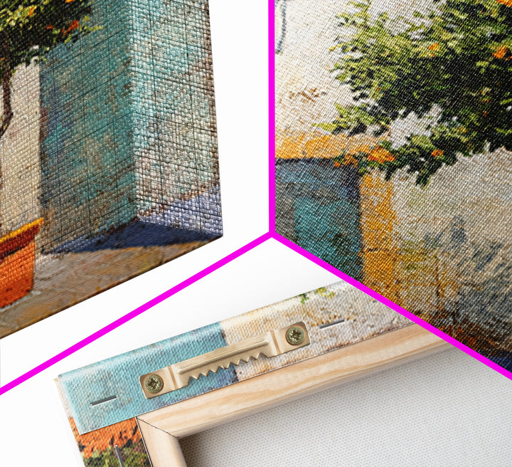 Orange Tree in Tiled Courtyard Framed Canvas Print, Moroccan Art, Contemporary Art, Living Room Decor, Oil Painting, Marrakesh, MOR-1x1-37