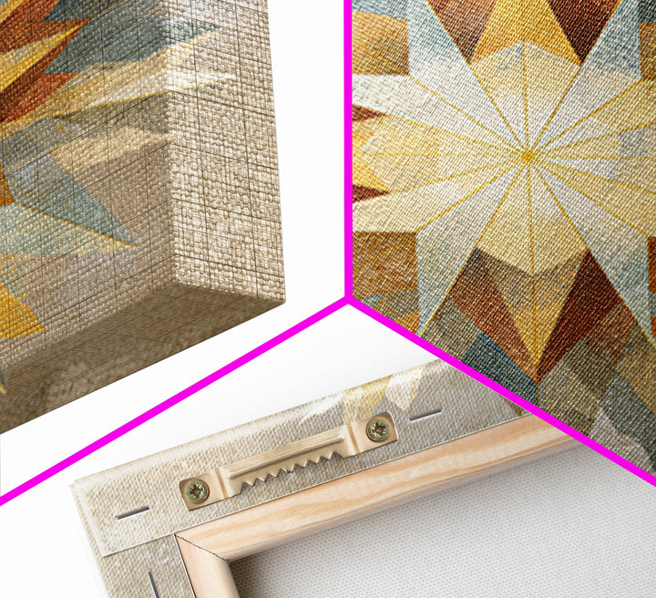 Gold Geometric Sunburst Framed Canvas Print, Moroccan Art, Living Room Decor, Oil Painting, Marrakesh 048, Set of Prints, MOR-1x1-48
