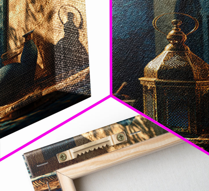 Brass Lantern Still Life Casting Lace Shadows Framed Canvas Print, Moroccan Art, Living Room Decor, Abstract Art, Marrakesh, MOR-1x1-57