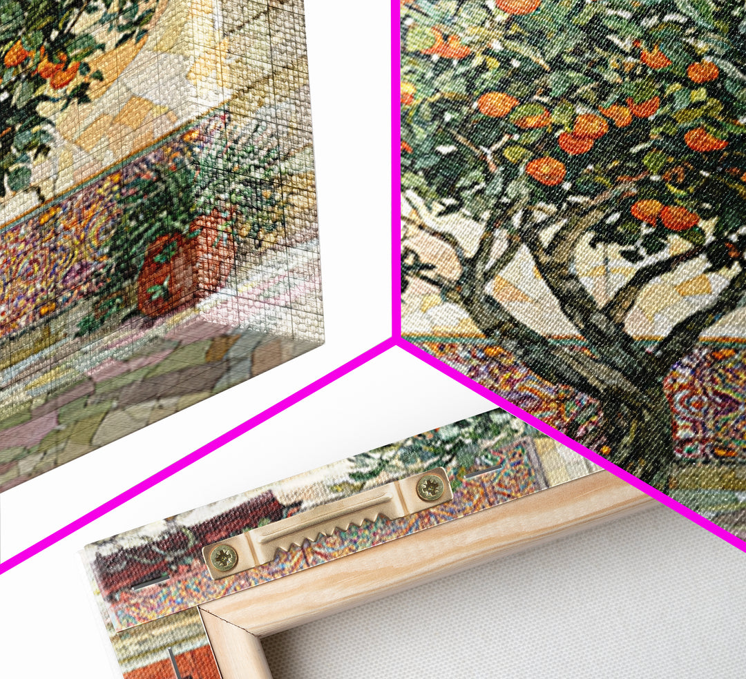 Orange Tree in Tiled Courtyard Framed Canvas Print, Moroccan Art, Contemporary Art, Living Room Decor, Oil Painting, Marrakesh, MOR-1x1-61