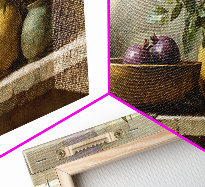 Pomegranate and Brass Bowl Still Life Framed Canvas Print, Moroccan Art, Wall Art, Living Room Decor, Fine Art, Marrakesh, MOR-2x1-42