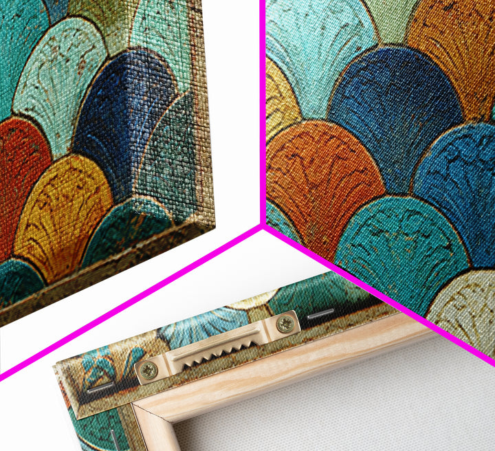 Turquoise Tile Fish Scale Pattern Framed Canvas Print, Moroccan Art, Living Room Rug, Living Room Decor, Abstract Art, MOR-2x1-65