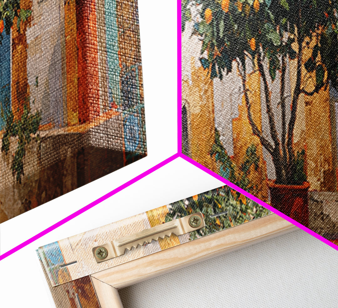 Orange Tree in Tiled Courtyard Framed Canvas Print, Moroccan Art, Fine Art Print, Living Room Decor, Fine Art, Marrakesh, MOR-3x1-53