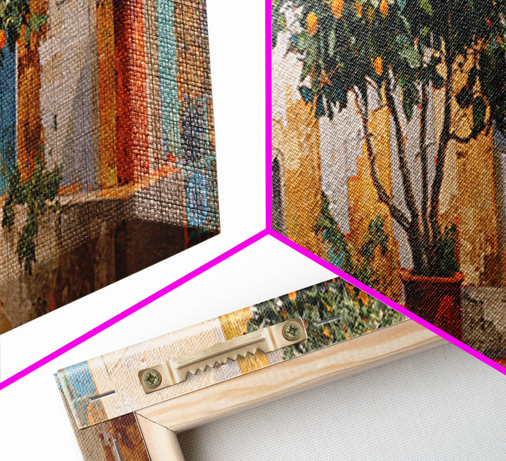 Orange Tree in Tiled Courtyard Framed Canvas Print, Moroccan Art, Fine Art Print, Living Room Decor, Fine Art, Marrakesh, MOR-3x1-53