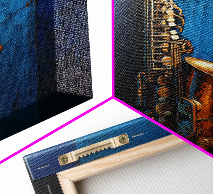 Jazz Saxophone with Smoky Blue Background Framed Canvas Print, Music Studio Art, Watercolor Print, Studio Decor, Rhythm, MSA-1x1-2