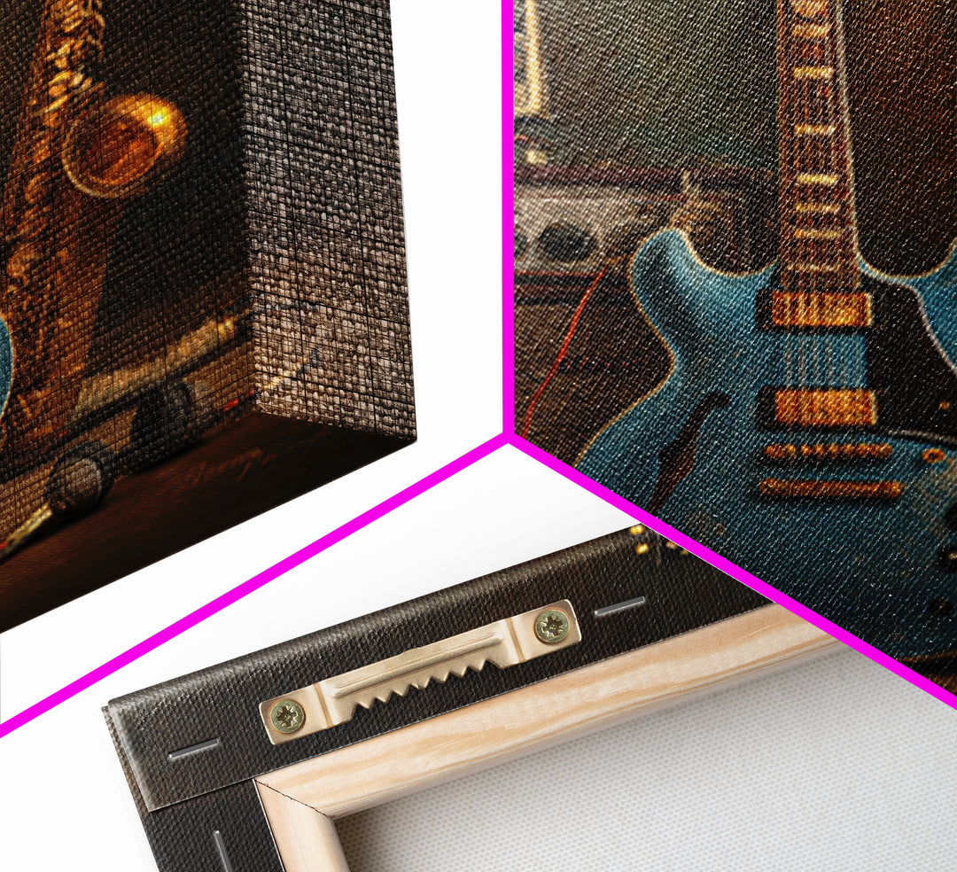 Electric Guitar Pedals and Cables Graphic Art Framed Canvas Print, Music Studio Art, Teen Room Decor, Studio Decor, Rhythm, MSA-1x1-21