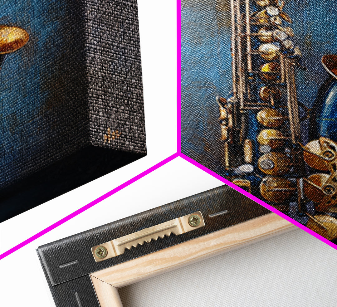 Jazz Saxophone with Smoky Blue Background Framed Canvas Print, Music Studio Art, Music Lover, Studio Decor, Fine Art, Rhythm, MSA-1x1-74