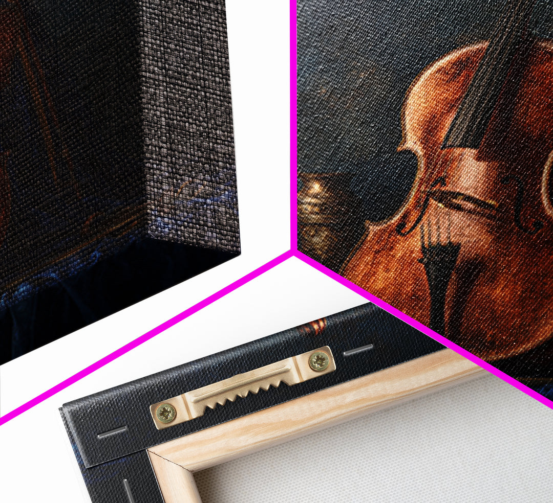 Cello Leaning Against Dark Velvet Backdrop Canvas Print, Music Studio Art, Textured Painting, Studio Decor, Fine Art, Rhythm, MSA-1x1-81
