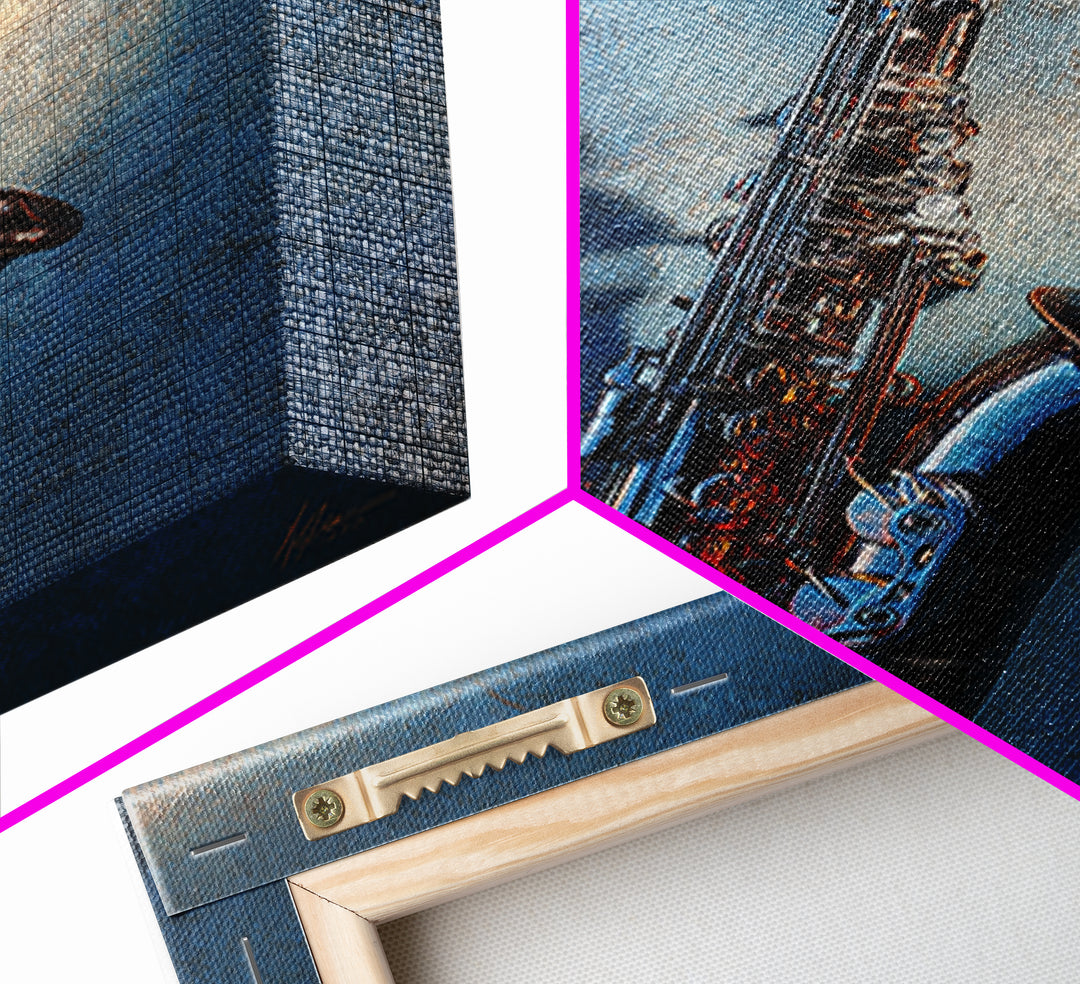 Jazz Saxophone with Smoky Blue Background Framed Canvas Print, Music Studio Art, Contemporary Art, Studio Decor, Rhythm, MSA-2x3-34