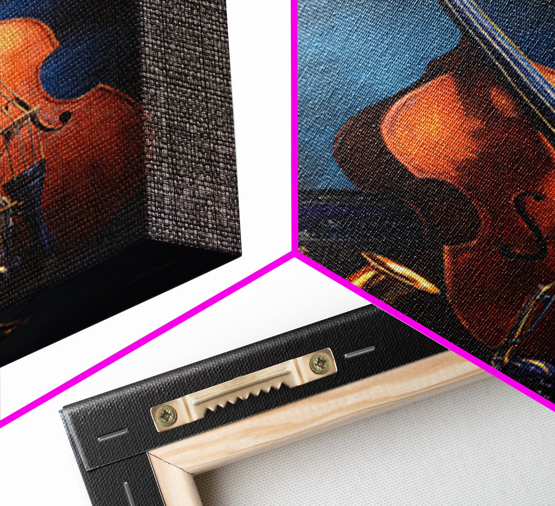 Cello Leaning Against Dark Velvet Backdrop Framed Canvas Print, Music Studio Art, Studio Decor, Abstract Art, Rhythm, MSA-2x3-41