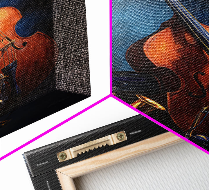 Cello Leaning Against Dark Velvet Backdrop Framed Canvas Print, Music Studio Art, Studio Decor, Abstract Art, Rhythm, MSA-2x3-41