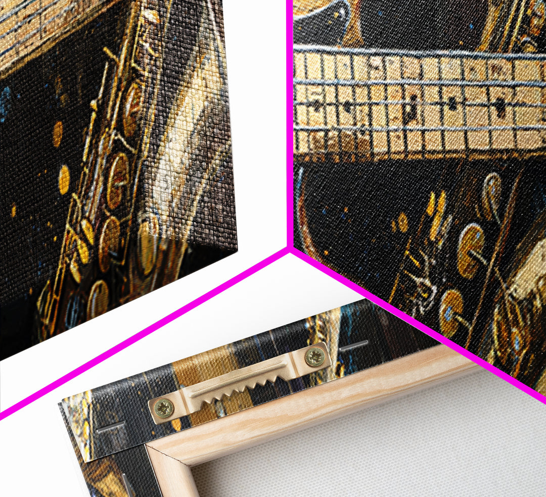 Bass Guitar Closeup Framed Canvas Print, Music Studio Art, Custom Painting, Studio Decor, Watercolor Art, Rhythm, MSA-3x1-5