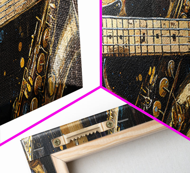 Bass Guitar Closeup Framed Canvas Print, Music Studio Art, Custom Painting, Studio Decor, Watercolor Art, Rhythm, MSA-3x1-5